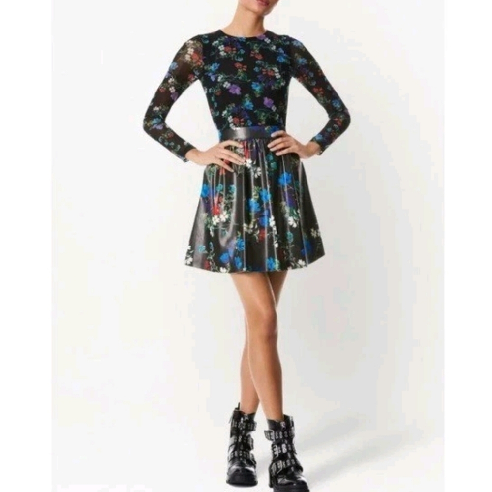 Alice + Olivia NEW Chara Vegan Leather Long Sleeve Dress Blossoms Black Size 6
